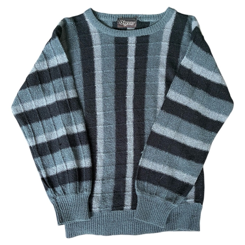 Vintage Odyssey 80s Unisex Striped Gray/Blue Retro Crewneck Pullover Sweater S/M